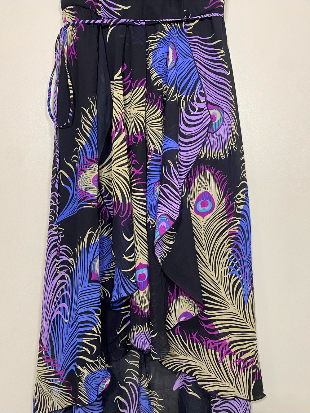 Boston Proper Peacock Halter Maxi Dress High Low Flowy Chiffon V Neck Size 8 - Picture 4 of 16